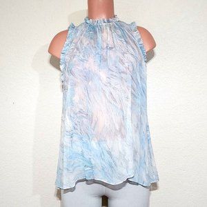 Elie Tahari Sheer Blue Lucy Blouse Silk Ruffled High Neckline Split Back